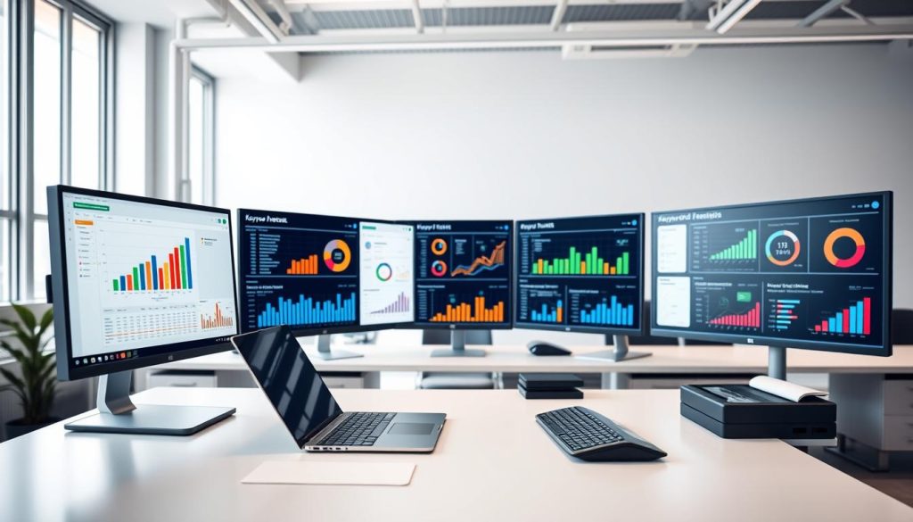 A bright and modern office setting, with various keyword research tools displayed on multiple computer screens. In the foreground, a sleek desk with a high-end laptop, keyboard, and mouse, as well as a compact document scanner. In the middle ground, rows of colorful bar graphs, pie charts, and keyword analytics dashboards projected onto large, high-resolution monitors. The background showcases a clean, minimalist workspace with hints of natural light filtering in through large windows, creating a calm and productive atmosphere. The overall scene conveys the efficiency and sophistication of contemporary keyword research, highlighting the diverse range of digital tools available to marketing professionals. A bright and modern office setting, with various keyword research tools displayed on multiple computer screens. In the foreground, a sleek desk with a high-end laptop, keyboard, and mouse, as well as a compact document scanner. In the middle ground, rows of colorful bar graphs, pie charts, and keyword analytics dashboards projected onto large, high-resolution monitors. The background showcases a clean, minimalist workspace with hints of natural light filtering in through large windows, creating a calm and productive atmosphere. The overall scene conveys the efficiency and sophistication of contemporary keyword research, highlighting the diverse range of digital tools available to marketing professionals.