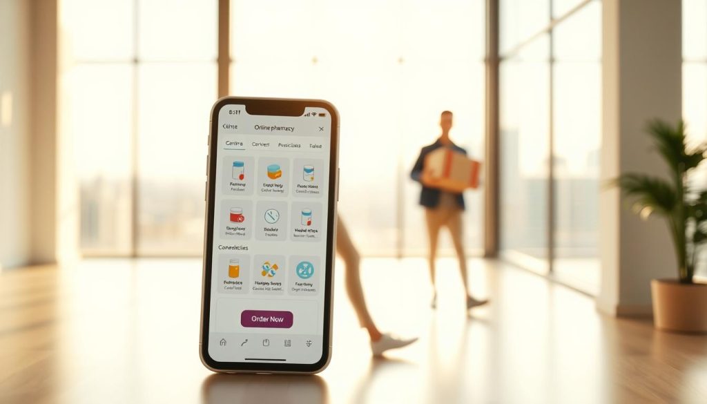 A bright, modern interior with a clean, minimalist aesthetic. In the foreground, a smartphone displaying an online pharmacy's app, its intuitive interface showcasing various medication options and a prominent "Order Now" button. In the middle ground, a courier delivering a neatly packaged box, conveying the swift and convenient delivery service. The background features a calm, out-of-focus cityscape, subtly suggesting the accessibility and reach of the online pharmacy. Warm, natural lighting filters through large windows, creating a sense of comfort and reliability. The overall atmosphere is one of efficiency, simplicity, and the effortless integration of technology into everyday healthcare needs. A bright, modern interior with a clean, minimalist aesthetic. In the foreground, a smartphone displaying an online pharmacy's app, its intuitive interface showcasing various medication options and a prominent "Order Now" button. In the middle ground, a courier delivering a neatly packaged box, conveying the swift and convenient delivery service. The background features a calm, out-of-focus cityscape, subtly suggesting the accessibility and reach of the online pharmacy. Warm, natural lighting filters through large windows, creating a sense of comfort and reliability. The overall atmosphere is one of efficiency, simplicity, and the effortless integration of technology into everyday healthcare needs.