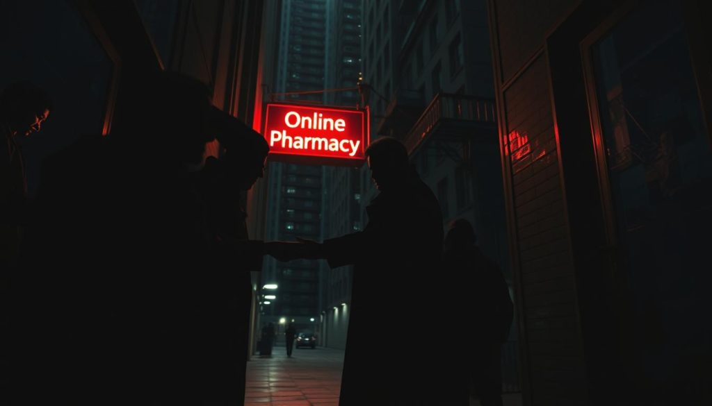 A dimly lit alley, shadowy figures lurking in the corners. In the foreground, a man in a trench coat exchanges a package with a shady character. In the middle ground, a neon sign flickers, "Online Pharmacy" casting an eerie glow. The background is a maze of high-rise buildings, their windows dark and foreboding. A sense of unease and danger pervades the scene. Lighting is low-key, with dramatic chiaroscuro effects. The camera angle is from a low, slightly oblique perspective, heightening the sense of unease. The overall mood is one of menace and illicit activity, warning of the perils of unregulated online pharmacies. A dimly lit alley, shadowy figures lurking in the corners. In the foreground, a man in a trench coat exchanges a package with a shady character. In the middle ground, a neon sign flickers, "Online Pharmacy" casting an eerie glow. The background is a maze of high-rise buildings, their windows dark and foreboding. A sense of unease and danger pervades the scene. Lighting is low-key, with dramatic chiaroscuro effects. The camera angle is from a low, slightly oblique perspective, heightening the sense of unease. The overall mood is one of menace and illicit activity, warning of the perils of unregulated online pharmacies.