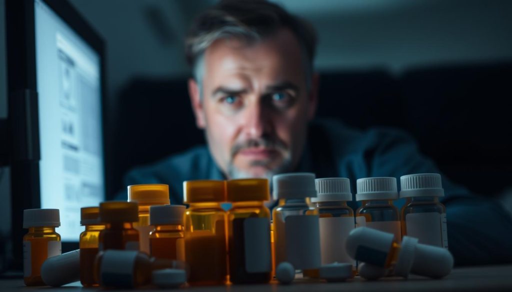 A dimly lit room, the glow of a computer screen casting a haunting shadow on the face of a concerned individual. In the foreground, an array of unlabeled pill bottles, their contents uncertain, a metaphor for the hidden dangers of online medicine shopping. The background blurs, hinting at the murky world of counterfeit drugs and unregulated suppliers, a cautionary tale unfolding. A somber, cinematic atmosphere permeates the scene, underscoring the gravity of the situation and the need for caution when navigating the digital realm of healthcare.