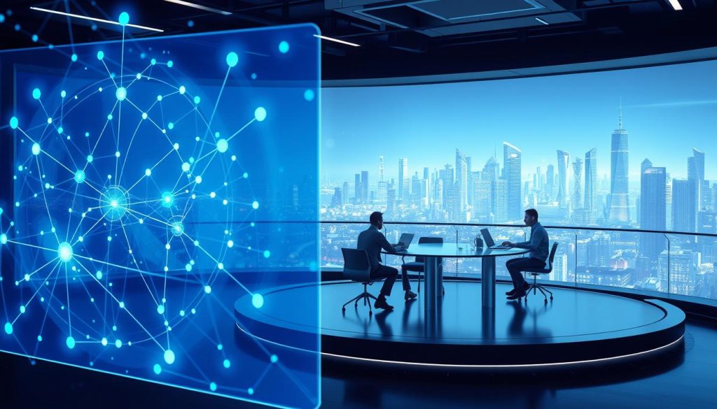 A futuristic, high-tech scene showcasing advanced link building techniques for 2025. In the foreground, a sleek, holographic interface displays a network of interconnected nodes and data flows, representing the intricate web of backlinks. In the middle ground, a team of digital marketers collaborate around a curved, transparent table, analyzing link metrics and strategizing their next moves. The background features a panoramic view of a gleaming, AI-powered city skyline, hinting at the cutting-edge technology driving these innovative link building strategies. The scene is bathed in a cool, blue-tinted lighting, conveying a sense of precision and technological prowess. Soft, ambient sounds of machinery and data processing create an immersive, futuristic atmosphere. A futuristic, high-tech scene showcasing advanced link building techniques for 2025. In the foreground, a sleek, holographic interface displays a network of interconnected nodes and data flows, representing the intricate web of backlinks. In the middle ground, a team of digital marketers collaborate around a curved, transparent table, analyzing link metrics and strategizing their next moves. The background features a panoramic view of a gleaming, AI-powered city skyline, hinting at the cutting-edge technology driving these innovative link building strategies. The scene is bathed in a cool, blue-tinted lighting, conveying a sense of precision and technological prowess. Soft, ambient sounds of machinery and data processing create an immersive, futuristic atmosphere.