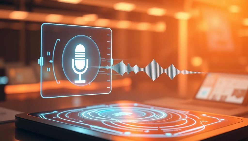 A futuristic voice search command interface, showcasing a floating microphone icon and a holographic display with audio waveforms. The scene is bathed in a warm, soft lighting, creating a sleek and modern atmosphere. In the background, subtle hints of digital technology and user interface elements add depth and context to the image. The overall composition emphasizes the seamless integration of voice search technology into the user experience, highlighting its importance in the evolving landscape of search engine optimization. A futuristic voice search command interface, showcasing a floating microphone icon and a holographic display with audio waveforms. The scene is bathed in a warm, soft lighting, creating a sleek and modern atmosphere. In the background, subtle hints of digital technology and user interface elements add depth and context to the image. The overall composition emphasizes the seamless integration of voice search technology into the user experience, highlighting its importance in the evolving landscape of search engine optimization.