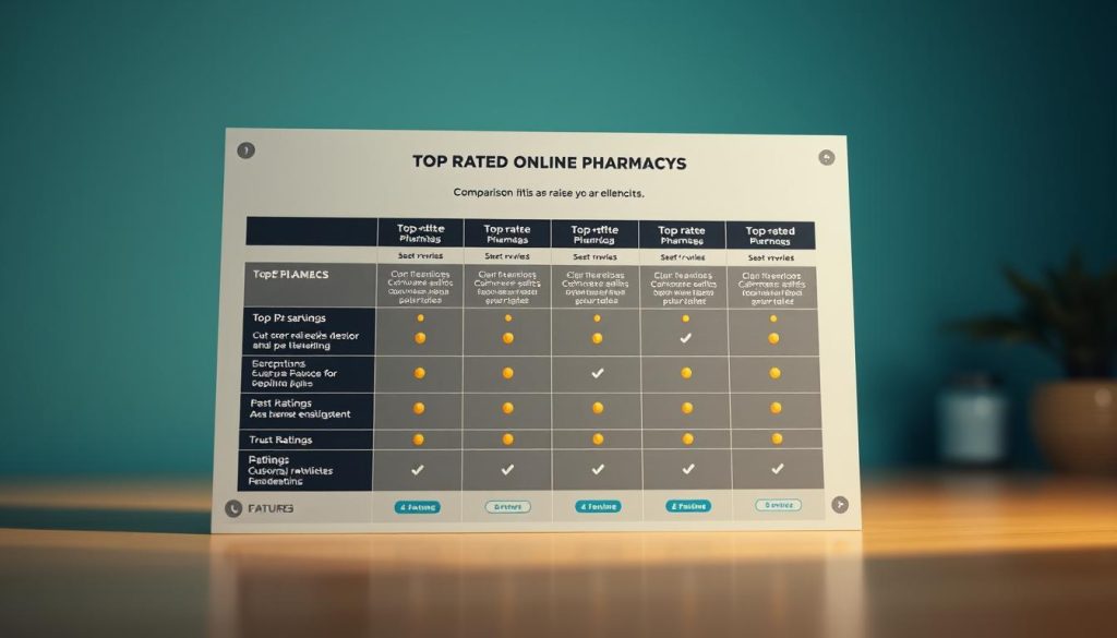 A high-contrast, detailed comparison chart showcasing the features and ratings of top-rated online pharmacies. The chart occupies the central foreground, with a cool-toned, minimalist background highlighting the comparison data. The chart features clean typography, intuitive icons, and a streamlined layout that allows easy side-by-side evaluation of services, prices, customer reviews, and trust ratings. The scene is captured with a shallow depth of field, keeping the comparison information in sharp focus while subtly blurring the background. Warm, directional lighting subtly accentuates the chart's elements, creating depth and visual interest. A high-contrast, detailed comparison chart showcasing the features and ratings of top-rated online pharmacies. The chart occupies the central foreground, with a cool-toned, minimalist background highlighting the comparison data. The chart features clean typography, intuitive icons, and a streamlined layout that allows easy side-by-side evaluation of services, prices, customer reviews, and trust ratings. The scene is captured with a shallow depth of field, keeping the comparison information in sharp focus while subtly blurring the background. Warm, directional lighting subtly accentuates the chart's elements, creating depth and visual interest.