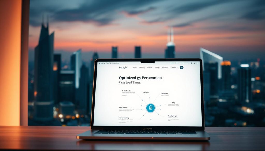 A high-performance website with sleek, minimalist aesthetics. In the foreground, a laptop screen displays a clean, visually-appealing interface focused on optimized page load times. The middle ground features a stylized network diagram illustrating data transfer and caching mechanisms. In the background, a cityscape with towering skyscrapers and a vibrant, futuristic skyline sets the scene. Soft, indirect lighting creates a serene, professional atmosphere. The overall composition conveys the technical expertise and advanced infrastructure required for rapid, responsive web experiences. A high-performance website with sleek, minimalist aesthetics. In the foreground, a laptop screen displays a clean, visually-appealing interface focused on optimized page load times. The middle ground features a stylized network diagram illustrating data transfer and caching mechanisms. In the background, a cityscape with towering skyscrapers and a vibrant, futuristic skyline sets the scene. Soft, indirect lighting creates a serene, professional atmosphere. The overall composition conveys the technical expertise and advanced infrastructure required for rapid, responsive web experiences.