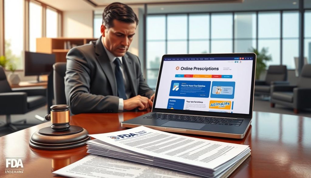 A highly detailed, hyper-realistic digital illustration depicting the key legal and regulatory aspects of online pharmacies in the United States. In the foreground, a stack of FDA guidelines and regulations sits atop a polished wooden desk, with a laptop computer displaying a website offering prescription medications. The middle ground features a stern-looking government official examining the documents, their expression conveying a sense of scrutiny and enforcement. In the background, the interior of a modern office space, with sleek furniture and large windows allowing natural light to filter in, creating a sense of professionalism and authority. The overall scene conveys the importance of adhering to FDA regulations when purchasing medications online, with a focus on the legal considerations for consumers in the United States.