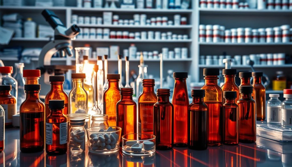 A laboratory workspace filled with an array of medical equipment and pharmaceutical supplies. In the foreground, a collection of amber glass bottles and test tubes containing various antimicrobial compounds. Behind them, a microscope and Petri dishes filled with bacterial cultures. Beakers, pipettes, and other scientific apparatus populate the middle ground, while the background features shelving stocked with neatly labeled drug vials and medication packets. Bright, directional lighting casts dramatic shadows, creating a clinical, high-tech atmosphere. The composition emphasizes the scientific nature of antibiotics and antimicrobials, conveying a sense of research, discovery, and the treatment of infectious diseases. A laboratory workspace filled with an array of medical equipment and pharmaceutical supplies. In the foreground, a collection of amber glass bottles and test tubes containing various antimicrobial compounds. Behind them, a microscope and Petri dishes filled with bacterial cultures. Beakers, pipettes, and other scientific apparatus populate the middle ground, while the background features shelving stocked with neatly labeled drug vials and medication packets. Bright, directional lighting casts dramatic shadows, creating a clinical, high-tech atmosphere. The composition emphasizes the scientific nature of antibiotics and antimicrobials, conveying a sense of research, discovery, and the treatment of infectious diseases.