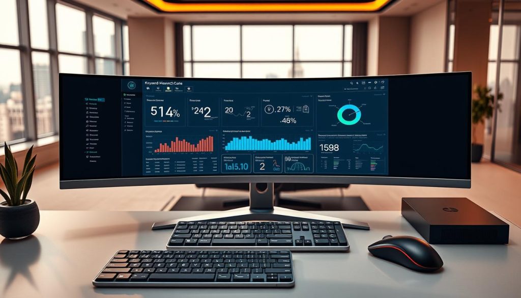 A luxurious desktop setup with high-end keyword research software displayed on a sleek, ultra-wide monitor. The foreground features a stylish, modern keyboard and a premium wireless mouse. In the middle ground, various intuitive data visualization tools and detailed reports are showcased, highlighting insightful keyword metrics. The background depicts a minimalist, well-lit office space with warm, indirect lighting and a view of a cityscape through large windows, conveying a sense of productivity and professionalism. A luxurious desktop setup with high-end keyword research software displayed on a sleek, ultra-wide monitor. The foreground features a stylish, modern keyboard and a premium wireless mouse. In the middle ground, various intuitive data visualization tools and detailed reports are showcased, highlighting insightful keyword metrics. The background depicts a minimalist, well-lit office space with warm, indirect lighting and a view of a cityscape through large windows, conveying a sense of productivity and professionalism.