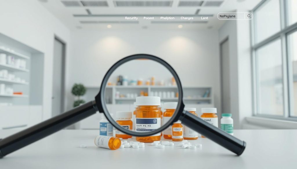 A meticulously designed online pharmacy website, with a clean and professional layout. The foreground features a magnifying glass closely inspecting a stack of prescription medication bottles, conveying the idea of verifying legitimacy. The middle ground showcases various medicines, including common over-the-counter and prescription drugs, arranged in a visually appealing manner. The background depicts a serene, minimalist office setting, with clean lines, muted colors, and ample natural lighting, creating a sense of trustworthiness and transparency. The overall composition suggests a thorough, step-by-step process of evaluating the legitimacy of an online pharmacy.
