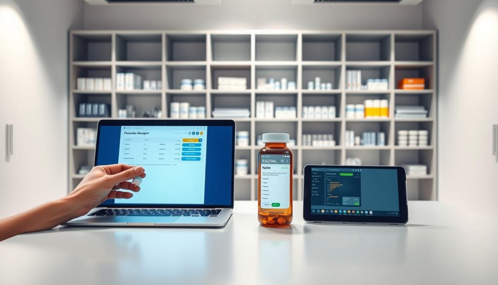 A modern, minimalist office setting with a large, well-lit desk showcasing a laptop, tablet, and smartphone, all displaying a digital prescription management interface. In the foreground, a hand holding a medicine bottle interacts with the digital display, while the background features sleek, modular shelving units filled with various medical supplies. Soft, directional lighting illuminates the scene, creating a professional, high-tech atmosphere. The overall composition emphasizes the seamless integration of technology and healthcare, reflecting the ongoing digital transformation of prescription management. A modern, minimalist office setting with a large, well-lit desk showcasing a laptop, tablet, and smartphone, all displaying a digital prescription management interface. In the foreground, a hand holding a medicine bottle interacts with the digital display, while the background features sleek, modular shelving units filled with various medical supplies. Soft, directional lighting illuminates the scene, creating a professional, high-tech atmosphere. The overall composition emphasizes the seamless integration of technology and healthcare, reflecting the ongoing digital transformation of prescription management.