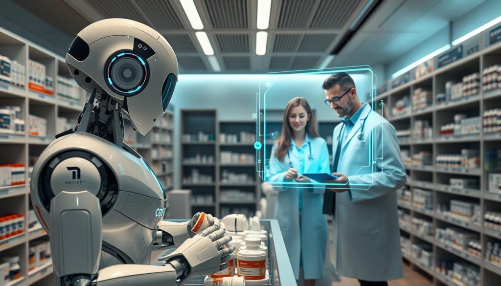 A modern pharmacy interior with a sleek, minimalist design. In the foreground, an AI-powered dispensing robot meticulously sorts and organizes medications. The middle ground features a holographic interface where a pharmacist consults with a patient, their faces illuminated by a soft, ambient glow. In the background, shelves of neatly organized pharmaceuticals are complemented by futuristic diagnostic equipment. The overall atmosphere conveys a sense of technological innovation, efficiency, and personalized healthcare, evoking the digital pharmacy trends of 2025.