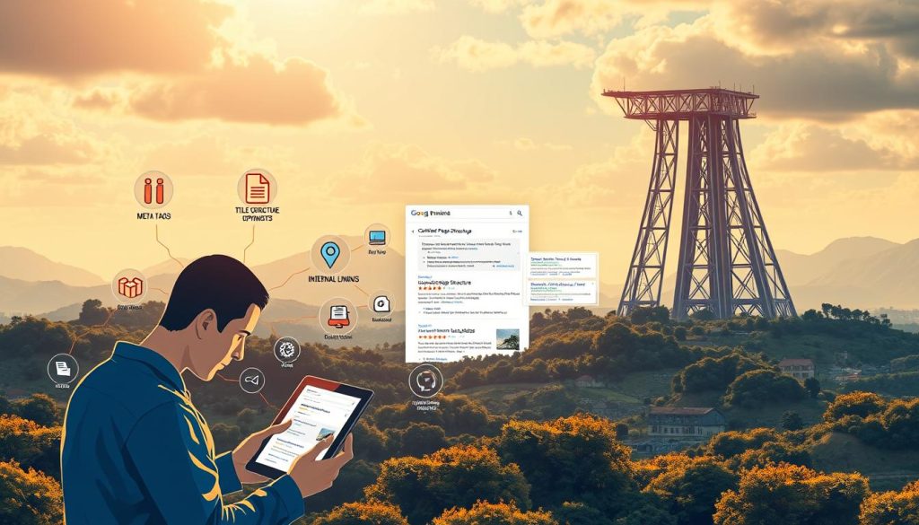 A panoramic view of a digital landscape, with various on-page SEO tactics represented as vibrant icons and illustrations. In the foreground, a search engine optimization specialist examines a tablet, surrounded by elements like meta tags, title optimizations, and schema markups. In the middle ground, a content management system interface showcases optimized page structure, heading hierarchies, and internal linking. The background features a towering search engine results page, with high-ranking websites displaying their optimized features. The scene is lit by a warm, golden glow, conveying a sense of efficiency and effectiveness.