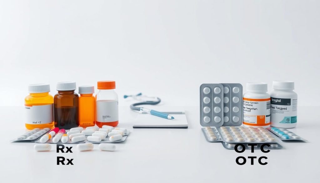 A sleek, modern medical scene displaying a side-by-side comparison of prescription drugs and over-the-counter (OTC) medicines. In the foreground, two rows of neatly arranged pharmaceutical bottles and blister packs, one side labeled "Rx" and the other "OTC". The middle ground features a clean, minimalist table with a stethoscope, notepad, and pen, representing the clinical environment. The background is a crisp, white backdrop, creating a sense of sterility and professionalism. The lighting is soft and diffused, emphasizing the different shapes, sizes, and colors of the drug packaging. The overall composition conveys a clear visual contrast between the two categories of medicines, highlighting their distinct characteristics and intended uses.
