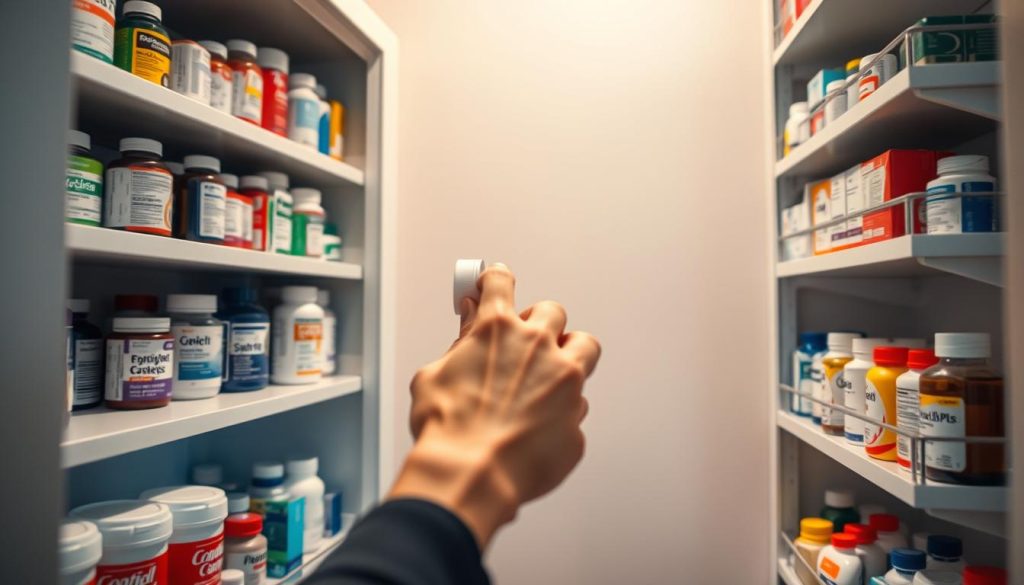 A well-lit and neatly organized medicine cabinet, the shelves stocked with a variety of over-the-counter (OTC) medications. In the foreground, a selection of common OTC drugs, their labels prominently displayed, conveying a sense of safety and responsible use. The middle ground features a hand carefully selecting a bottle, emphasizing the importance of reading labels and following dosage instructions. The background shows a soothing, neutral-toned wall, creating a calming atmosphere. The overall scene suggests a thoughtful, informed, and cautious approach to using OTC medicines safely and effectively. A well-lit and neatly organized medicine cabinet, the shelves stocked with a variety of over-the-counter (OTC) medications. In the foreground, a selection of common OTC drugs, their labels prominently displayed, conveying a sense of safety and responsible use. The middle ground features a hand carefully selecting a bottle, emphasizing the importance of reading labels and following dosage instructions. The background shows a soothing, neutral-toned wall, creating a calming atmosphere. The overall scene suggests a thoughtful, informed, and cautious approach to using OTC medicines safely and effectively.