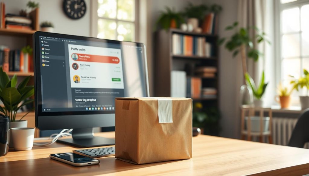 A well-lit home office with a desktop computer, smartphone, and delivery package on the desk. The package is in the foreground, with the delivery tracking information displayed on the computer screen and smartphone. The background shows a cozy, organized workspace with bookshelves, plants, and natural light streaming in from a window. The overall scene conveys a sense of efficiency, convenience, and the ease of online ordering and delivery. A well-lit home office with a desktop computer, smartphone, and delivery package on the desk. The package is in the foreground, with the delivery tracking information displayed on the computer screen and smartphone. The background shows a cozy, organized workspace with bookshelves, plants, and natural light streaming in from a window. The overall scene conveys a sense of efficiency, convenience, and the ease of online ordering and delivery.