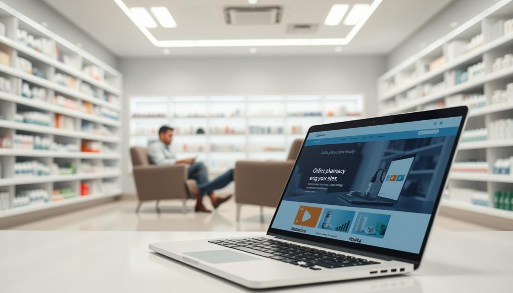 A well-lit, modern pharmacy interior with clean, minimalist design. In the foreground, an open laptop displaying an online pharmacy website with a simple, intuitive user interface. In the middle ground, a customer browsing the site, comfortably seated in a plush chair. The background features sleek shelves stocked with various medications, conveying a sense of professionalism and reliability. The lighting is soft and diffused, creating a calming, welcoming atmosphere. The overall scene emphasizes the convenience, accessibility, and trustworthiness of online pharmacies for American consumers.