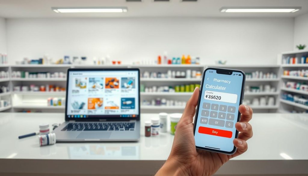 A well-lit pharmacy counter with an open laptop displaying a range of discounted medications and supplements. In the foreground, a hand holding a mobile phone showcases a savings calculator app. The middle ground features a variety of pill bottles and medical supplies, while the background depicts a modern, minimalist interior with clean lines and a calming color palette. The overall scene conveys a sense of ease, affordability, and accessibility associated with online pharmacy programs. A well-lit pharmacy counter with an open laptop displaying a range of discounted medications and supplements. In the foreground, a hand holding a mobile phone showcases a savings calculator app. The middle ground features a variety of pill bottles and medical supplies, while the background depicts a modern, minimalist interior with clean lines and a calming color palette. The overall scene conveys a sense of ease, affordability, and accessibility associated with online pharmacy programs.