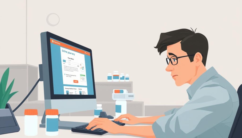 A well-lit, realistic digital illustration depicting a person securely purchasing prescription medications online. The scene features a foreground of a desktop computer with a focused, careful expression on the user's face as they navigate an online pharmacy's website. The middle ground shows medical bottles and packaging on the desk, conveying the nature of the transaction. The background is a neutral, clean office environment, emphasizing the controlled, professional setting. The overall mood is one of cautious diligence, with muted colors and a sense of measured care in the user's actions, reflecting the need for safety and responsibility when buying medicine online. A well-lit, realistic digital illustration depicting a person securely purchasing prescription medications online. The scene features a foreground of a desktop computer with a focused, careful expression on the user's face as they navigate an online pharmacy's website. The middle ground shows medical bottles and packaging on the desk, conveying the nature of the transaction. The background is a neutral, clean office environment, emphasizing the controlled, professional setting. The overall mood is one of cautious diligence, with muted colors and a sense of measured care in the user's actions, reflecting the need for safety and responsibility when buying medicine online.