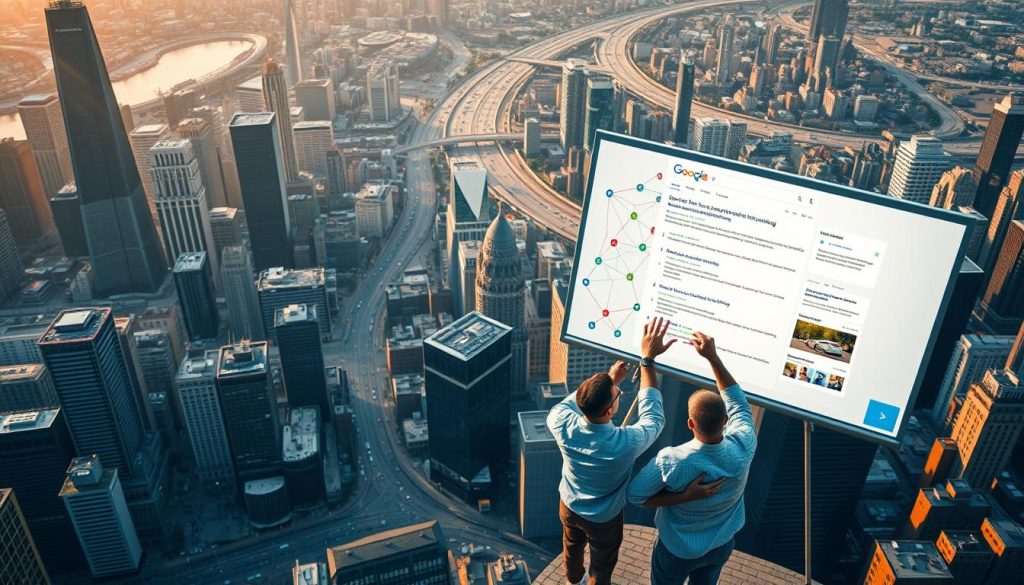 An aerial view of a bustling cityscape, with towering skyscrapers and a winding network of roads. In the foreground, a team of digital marketers collaborates on a large whiteboard, mapping out intricate link building strategies. The scene is illuminated by warm, natural lighting, casting a soft glow over the proceedings. In the middle ground, a series of interconnected digital channels and platforms are depicted, representing the various channels through which link building can be executed. In the background, a search engine results page (SERP) is prominently displayed, showcasing the positive impact of effective link building tactics on Google rankings. The overall atmosphere conveys a sense of strategic planning, teamwork, and a focus on driving organic growth through sustainable SEO practices.