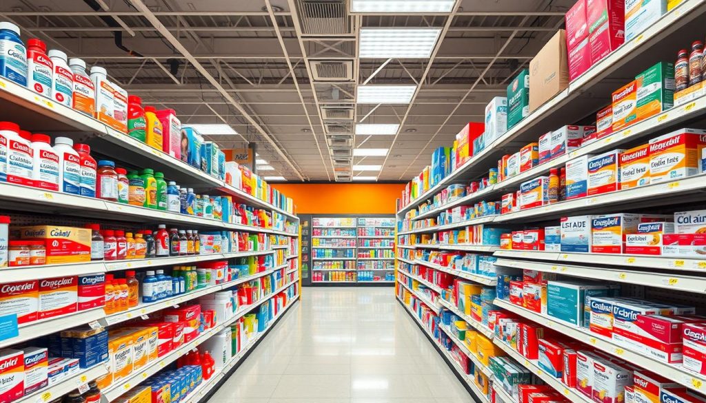 An expansive, well-lit drugstore aisle showcases a comprehensive display of over-the-counter medicine categories. Vibrant colors and clean packaging design draw the eye across the shelves, from pain relievers and cold/flu remedies to first aid supplies and digestive aids. Varied shapes and sizes of bottles and boxes create visual depth, while strategic lighting casts an inviting glow over the diverse product selection. The scene conveys a sense of organization and consumer empowerment, guiding shoppers through the vast array of self-care solutions readily available. An expansive, well-lit drugstore aisle showcases a comprehensive display of over-the-counter medicine categories. Vibrant colors and clean packaging design draw the eye across the shelves, from pain relievers and cold/flu remedies to first aid supplies and digestive aids. Varied shapes and sizes of bottles and boxes create visual depth, while strategic lighting casts an inviting glow over the diverse product selection. The scene conveys a sense of organization and consumer empowerment, guiding shoppers through the vast array of self-care solutions readily available.