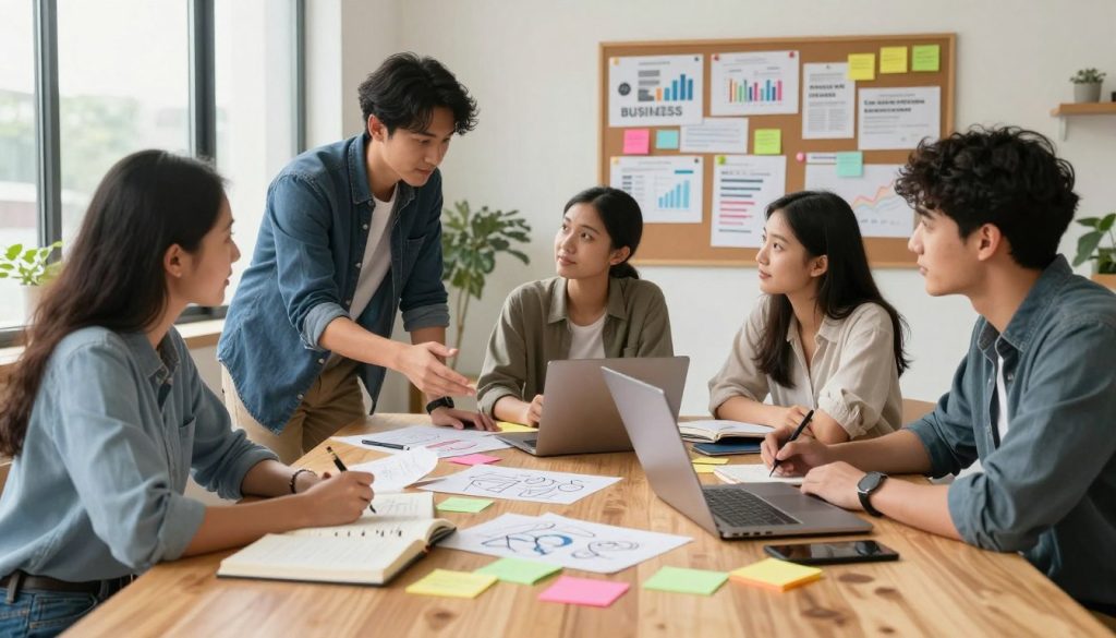 A bright and inspiring workspace showcasing a diverse group of four young entrepreneurs brainstorming innovative business ideas. In the foreground, a large wooden table is cluttered with colorful sticky notes, sketchbooks, and a laptop open to a business plan. The middle ground features the individuals: a woman in smart casual clothing discussing a strategy with a man in a blazer, while another woman sketches ideas, and a young man takes notes. In the background, a vision board filled with business concepts, graphs, and motivational quotes adds depth. Natural light streams in through large windows, creating a warm and inviting atmosphere that conveys creativity and collaboration. The angled view of the scene emphasizes teamwork and the exciting potential of new ventures.
