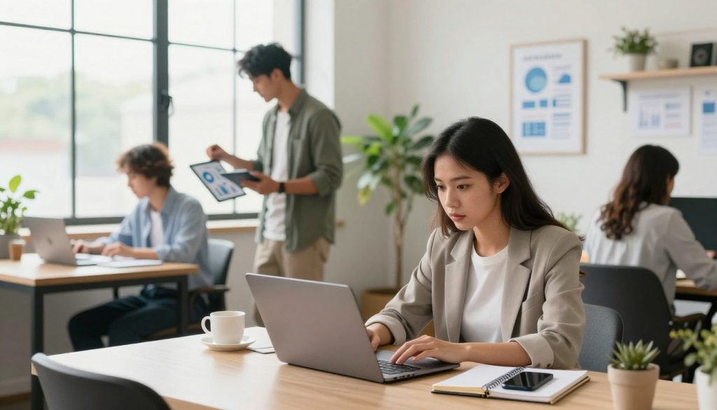 A bright and modern co-working space filled with diverse individuals engaged in various online business activities. In the foreground, a young woman in business casual attire is focused on her laptop, surrounded by notepads and a smartphone, symbolizing entrepreneurship. In the middle ground, a man discusses a project with a colleague while reviewing charts and graphs on a tablet. The background features a large window with natural sunlight streaming in, creating an inviting, productive atmosphere. Soft, diffused lighting enhances the scene, while plants and motivational artwork decorate the space, emphasizing creativity and growth. The overall mood is inspiring, showcasing collaboration and innovation in online business ideas for beginners.