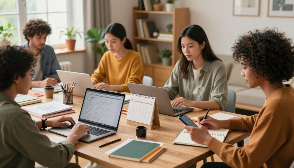 A cozy home office scene illustrating diverse home-based business ideas. In the foreground, a diverse group of professionals, dressed in smart casual attire, are engaged in various tasks: one individual is on a laptop, another is making notes on a notepad, and a third is using a smartphone. In the middle ground, a desk is filled with business tools such as a planner, a calendar, and creative supplies, like sketchbooks and crafts. The background features a warm, inviting home environment with bookshelves, plants, and natural light filtering through a window. Soft, diffused lighting enhances the productive and motivational atmosphere, capturing the essence of entrepreneurship and home-working. The image evokes a sense of comfort and inspiration.