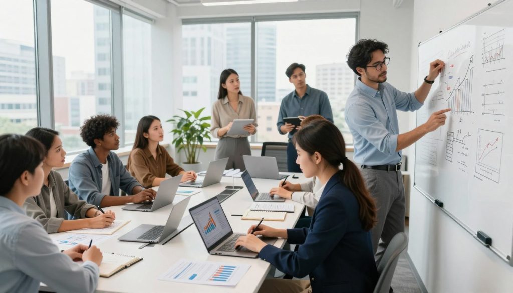 A dynamic, visually engaging scene depicting a diverse group of professionals in a modern office setting, collaborating on a startup growth strategy. In the foreground, a woman in professional business attire is analyzing data on a laptop, while a man beside her sketches ideas on a whiteboard filled with diagrams and growth charts. In the middle ground, a diverse mix of team members are brainstorming around a conference table, equipped with laptops and notepads, with visible graphs and charts illustrating scaling strategies. The background features large windows showcasing a cityscape, casting natural light into the room and creating a bright, optimistic atmosphere. Use a wide-angle lens to emphasize inclusivity and teamwork, capturing the essence of innovation and ambition in the startup environment.
