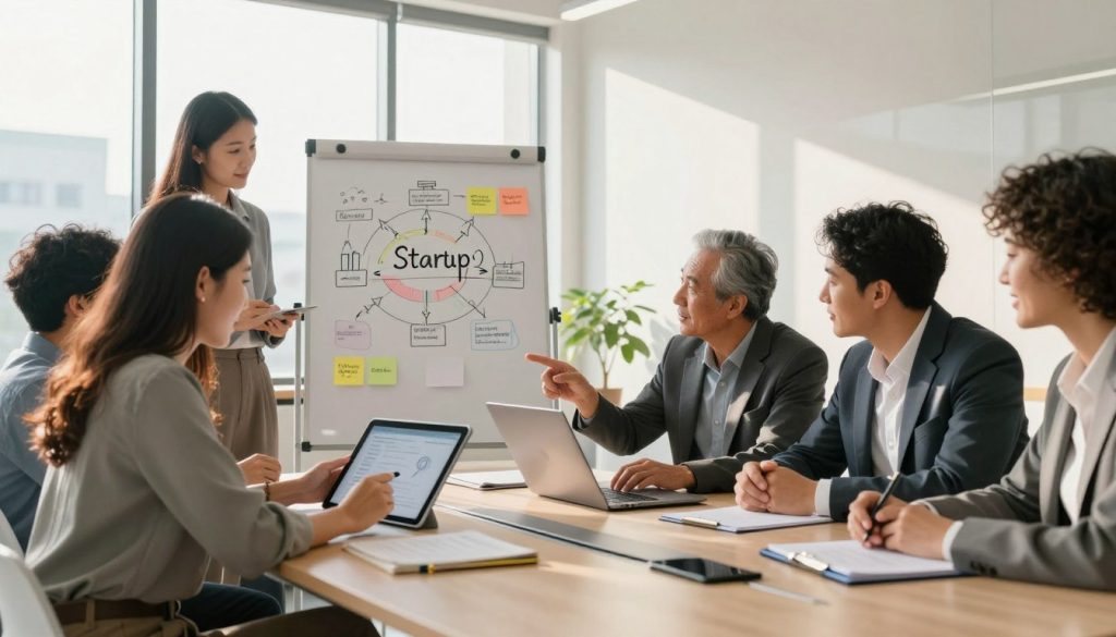 A modern office environment showcasing a diverse group of professionals gathered around a sleek conference table, deep in discussion about startup planning. In the foreground, a young woman in smart casual attire reviews a digital tablet, while a middle-aged man in business formal looks at a laptop screen, pointing towards potential ideas. The middle section includes a whiteboard filled with colorful diagrams and sticky notes labeled with startup concepts. In the background, large windows allow natural light to flood in, casting soft shadows across the room, creating a warm and focused atmosphere. The setting emphasizes collaboration, creativity, and determination, with an air of optimism for entrepreneurial ventures on a budget. The image should be bright and inviting, depicting a productive brainstorming session without any text or distractions.