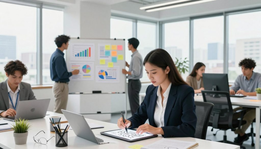 A modern office environment with a clean, minimalist design, featuring a diverse group of professionals brainstorming innovative online business ideas. In the foreground, a focused woman in smart business attire is sketching ideas on a digital tablet, while a man beside her analyzes data on a laptop. The middle ground includes a whiteboard filled with colorful charts, graphs, and sticky notes showcasing various business concepts. The background reveals large windows with natural light flooding in, city skyline visible outside, creating an energetic and inspiring atmosphere. The overall mood is dynamic and collaborative, suggesting creativity and professionalism, captured with a wide-angle lens to emphasize the workspace. The lighting is bright and inviting, enhancing a sense of motivation and potential.