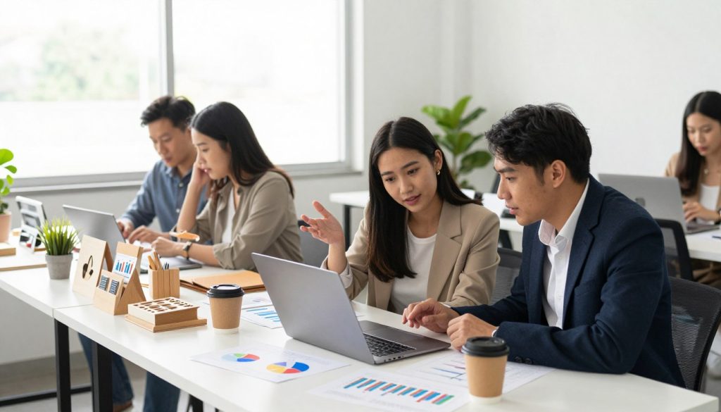 A modern workspace showcasing a variety of online business ideas for e-commerce. In the foreground, a diverse group of entrepreneurs (two women and one man) in professional attire are animatedly discussing ideas over a laptop, surrounded by colorful charts and graphs highlighting sales growth. The middle ground features a clean, clutter-free desk with products like handmade crafts, digital marketing materials, and a coffee cup, symbolizing creativity and startup culture. In the background, a bright window allows natural light to flood the room, enhancing the atmosphere of optimism and productivity. The scene conveys a sense of innovation and collaboration, with soft lighting emphasizing a professional yet approachable vibe, captured at an eye-level angle for relatability.
