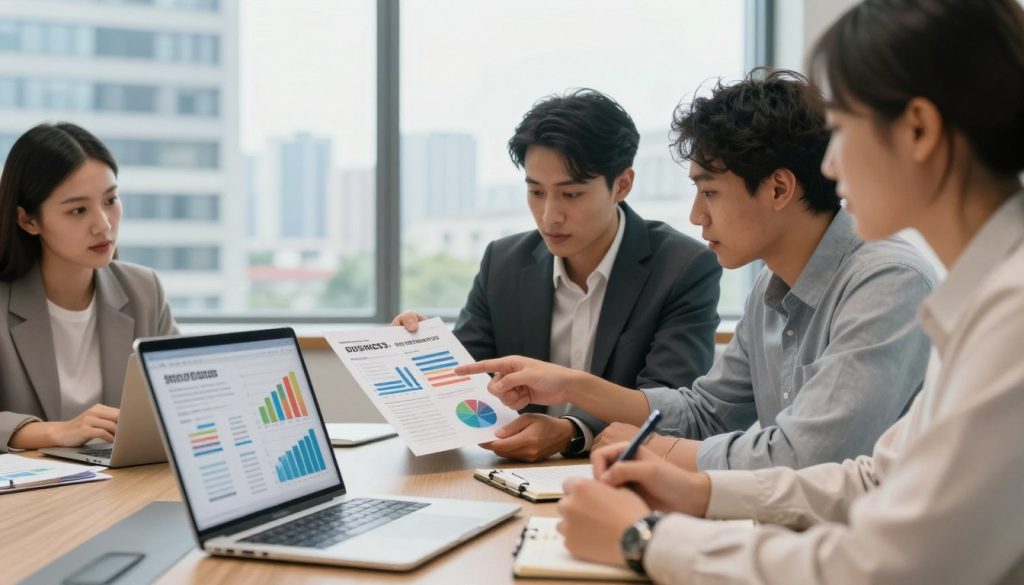 A professional office environment with a diverse group of four individuals gathered around a sleek conference table, intensely discussing a vibrant startup business plan. In the foreground, a well-organized laptop displays colorful graphs and charts. In the middle, one person, wearing professional attire, points at a detailed business plan document while another takes notes. The background features large windows letting in natural light, showcasing a modern urban skyline. The mood conveys collaboration and innovation, with warm lighting creating an inviting atmosphere. A lens blur focuses on the group, emphasizing their engaged expressions and the importance of the moment, suggesting a concept of growth and teamwork.