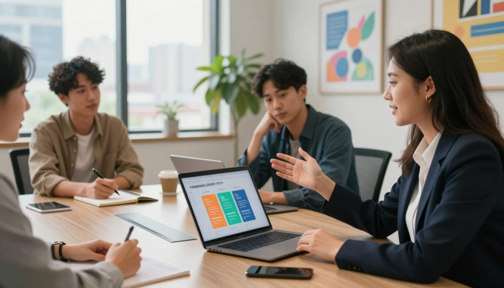 A professional setting showcasing a diverse group of entrepreneurs gathered around a sleek, modern conference table. In the foreground, a woman in a business suit enthusiastically presents funding options, gesturing towards a colorful infographic displayed on a laptop. In the middle ground, another entrepreneur in smart casual attire takes notes, while a third person leans in thoughtfully, reviewing a financial chart. In the background, large windows let in natural light, highlighting a city skyline. The atmosphere is vibrant and optimistic, with greenery and motivational artwork on the walls. The image should be captured with a medium lens, using soft lighting to create a warm, inviting feel. No text or watermarks included.