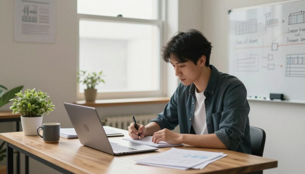 An entrepreneur in a modest home office, surrounded by papers, a laptop, and a whiteboard filled with ideas. In the foreground, the entrepreneur, a focused individual in smart casual attire, is brainstorming and jotting down notes. In the middle, a cluttered desk features a coffee mug, a plant, and financial documents, symbolizing the resourcefulness of low-investment business models. The background showcases a window with soft, natural light filtering in, illuminating the workspace and creating a warm atmosphere. The scene conveys determination and creativity, emphasizing the journey from idea to reality, with a focus on practical implementation strategies in a startup setting.